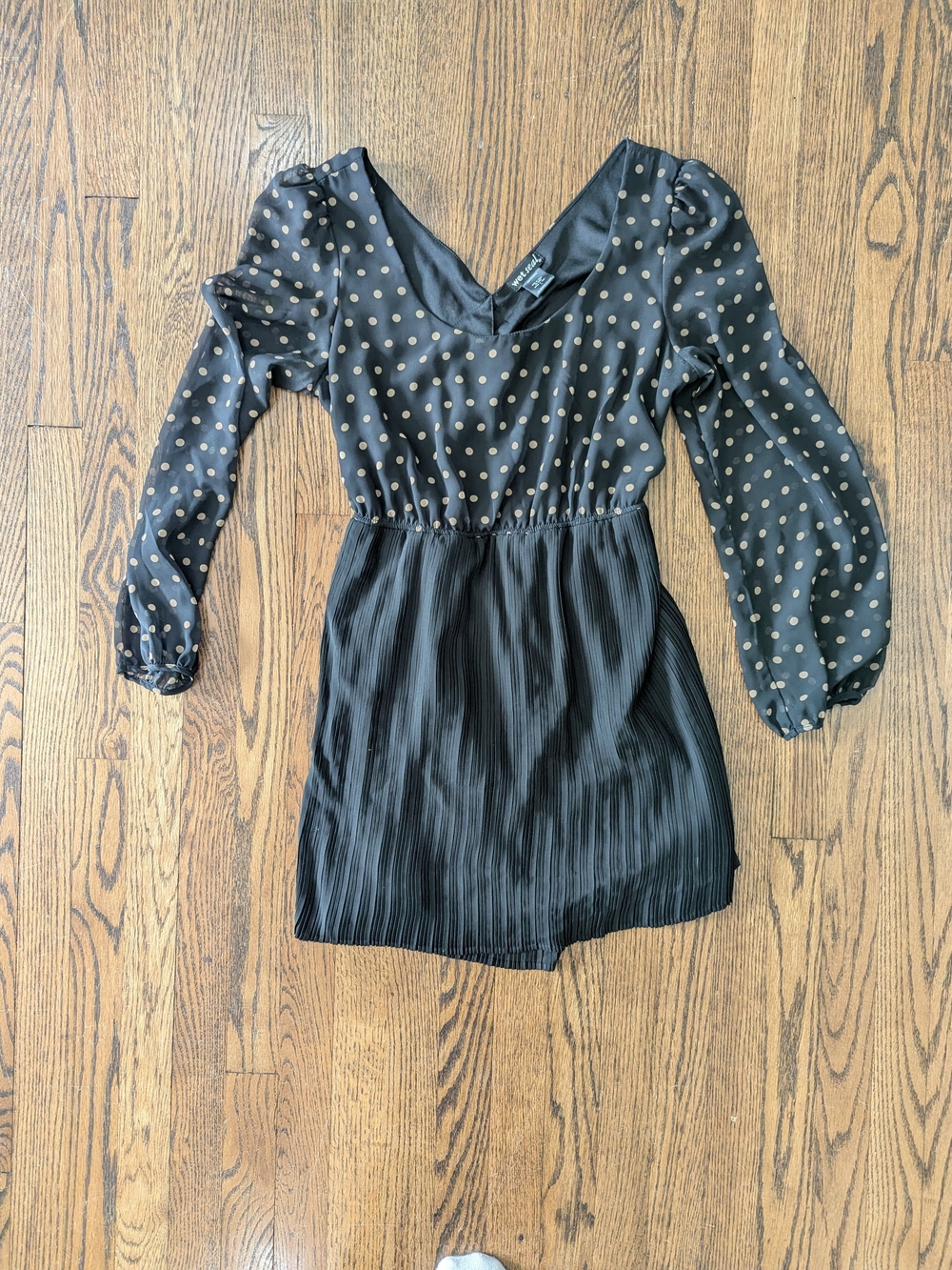 Wet Seal Black Long Sleeve Polka Dot Mini Dress with Gold Dots And Tie Back